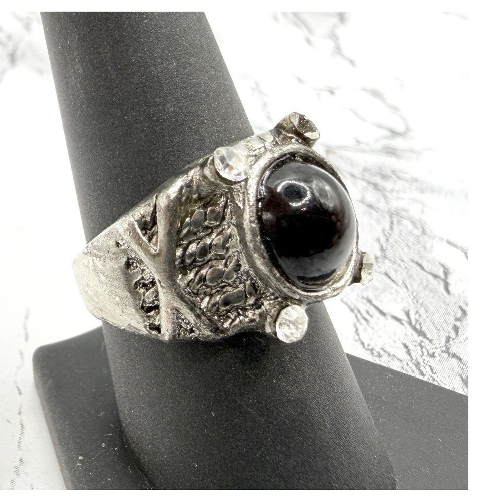 Oversized Gothic Black Glass Cabochon Ring Silver Tone Stones Size 8.5